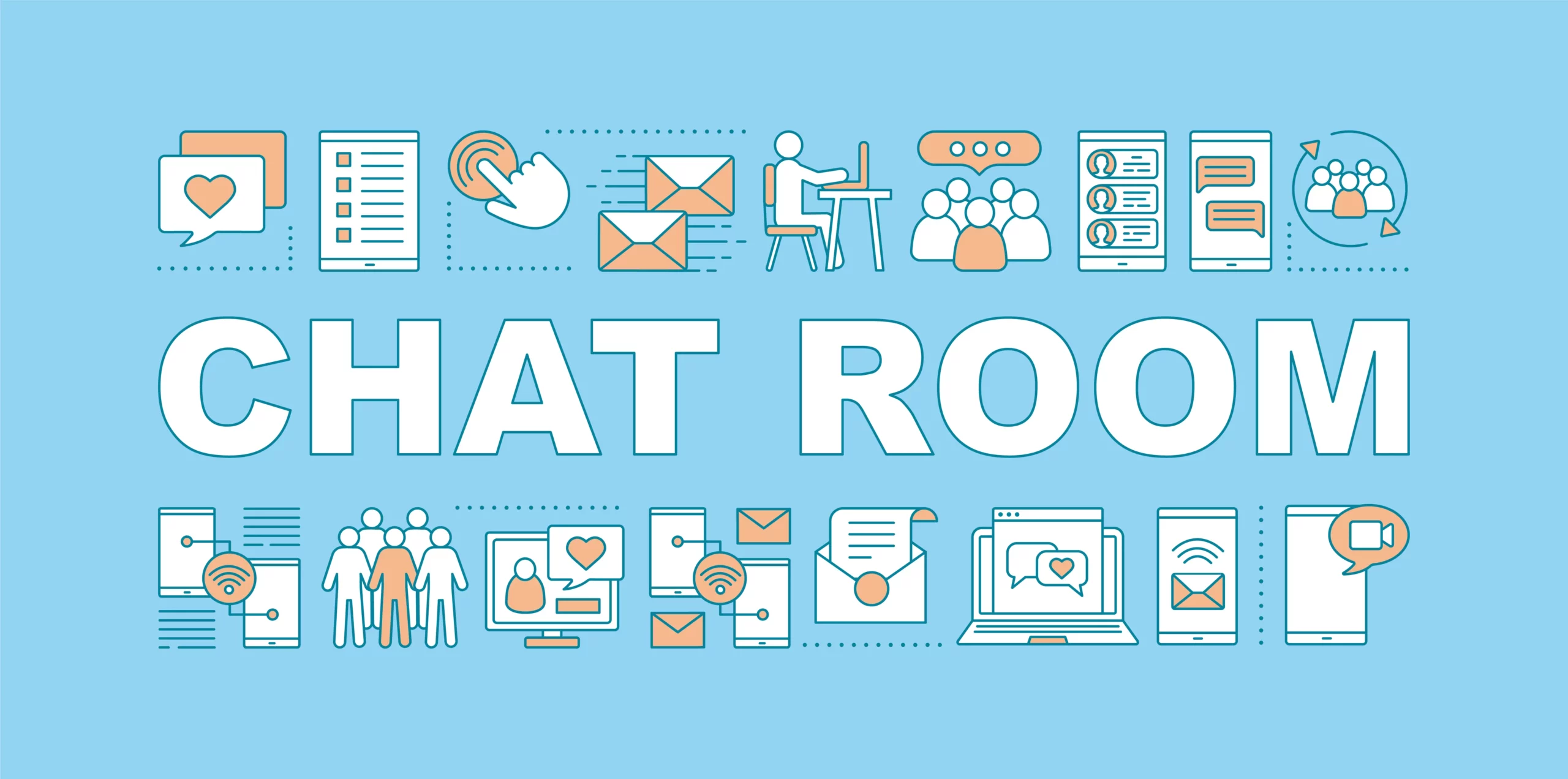 Bild mit dem Txt Chat Room auf blauem hintergrund mit vielen kleinen Icons